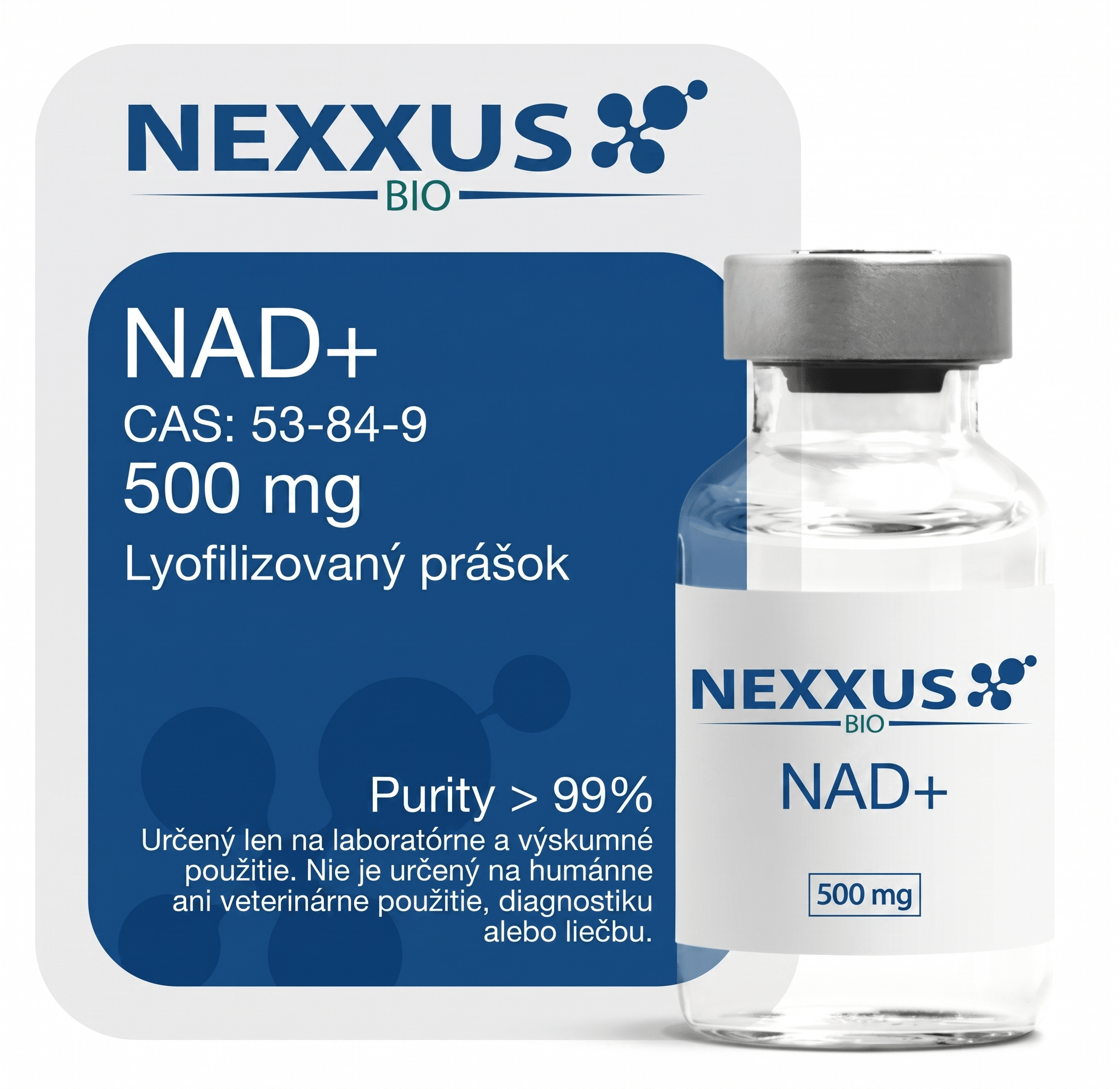 Vysoko čistý NAD+ od NEXXUS BIO s označením CAS 53-84-9, 500 mg a lyofilizovaný prášok v laboratórnom balení.