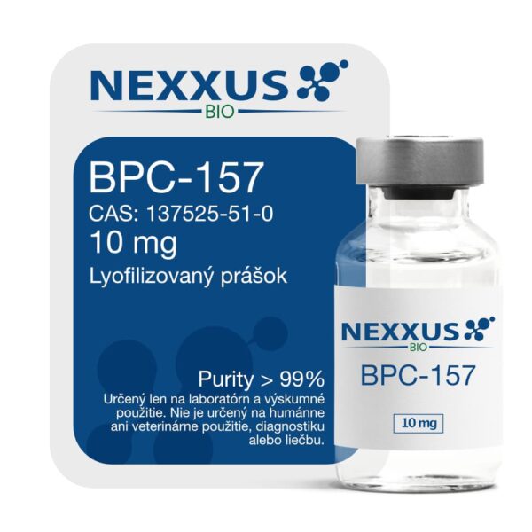 Na obale a ampulke je BPC-157 od NEXXUS BIO, lyofilizovaný prášok s označením 10 mg, CAS 137525-51-0 a čistotou nad 99 %.