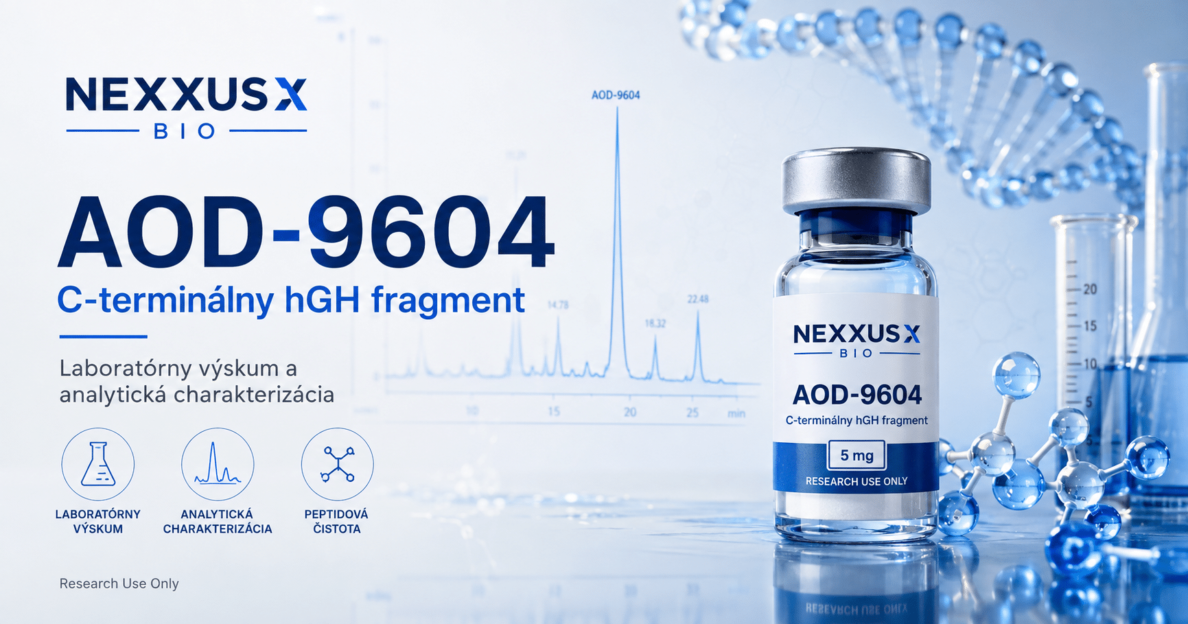 Laboratórna fľaštička AOD-9604 od NEXXUS BIO stojí vedľa grafu analýzy a sklenenej vákuovej kolóny v modrom prostredí.
