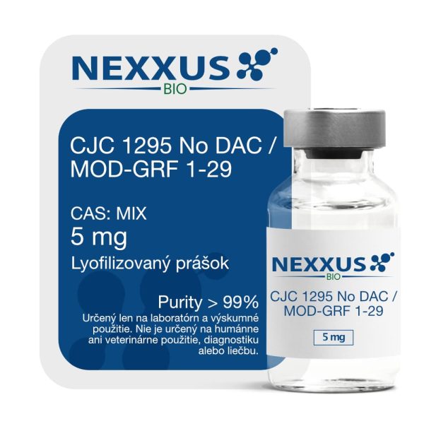 Na obale a vialke je CJC-1295 No DAC / MOD-GRF 1-29 s dávkou 5 mg, čistotou nad 99 % a označením lyofilizovaný prášok.