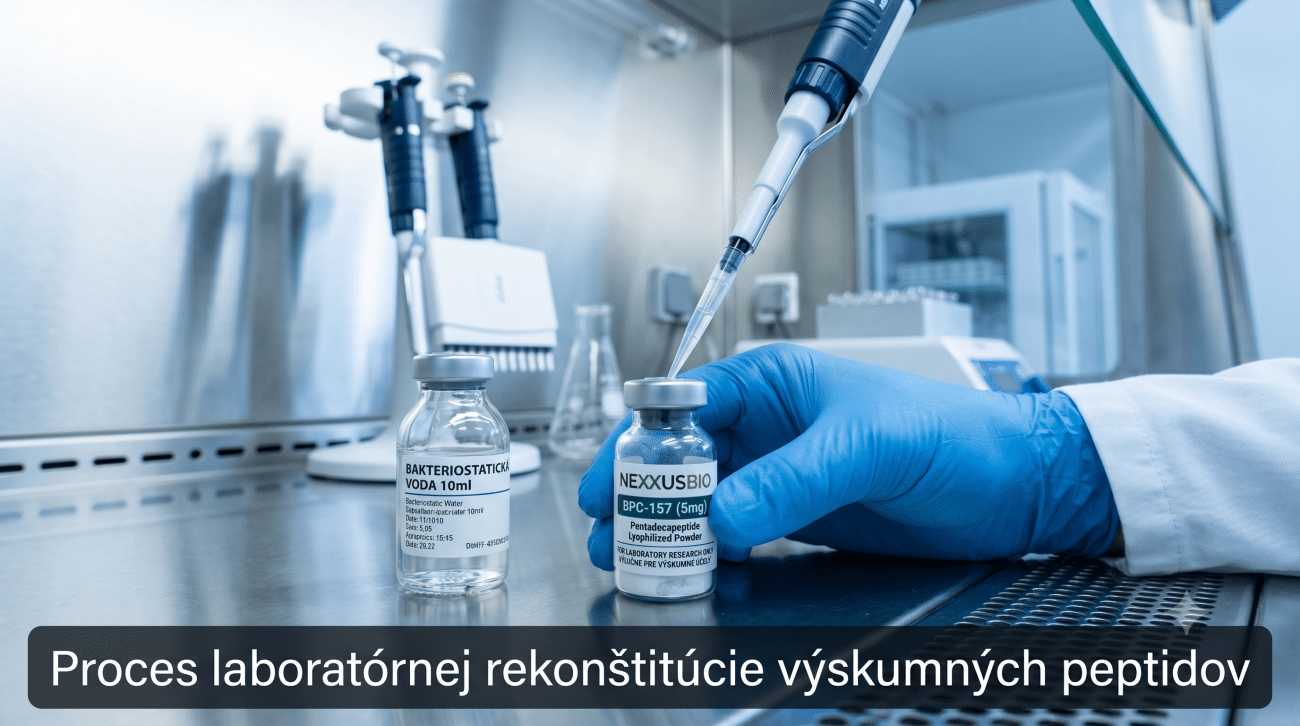 Proces laboratórnej rekonštitúcie peptidu NexxusBio BPC-157 pomocou mikropipety v sterilnom boxe