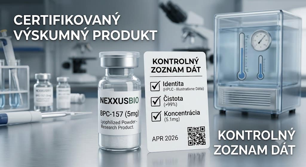 Ampulka výskumného peptidu NexxusBio vedľa checklistu s overenou čistotou a koncentráciou z COA certifikátu.