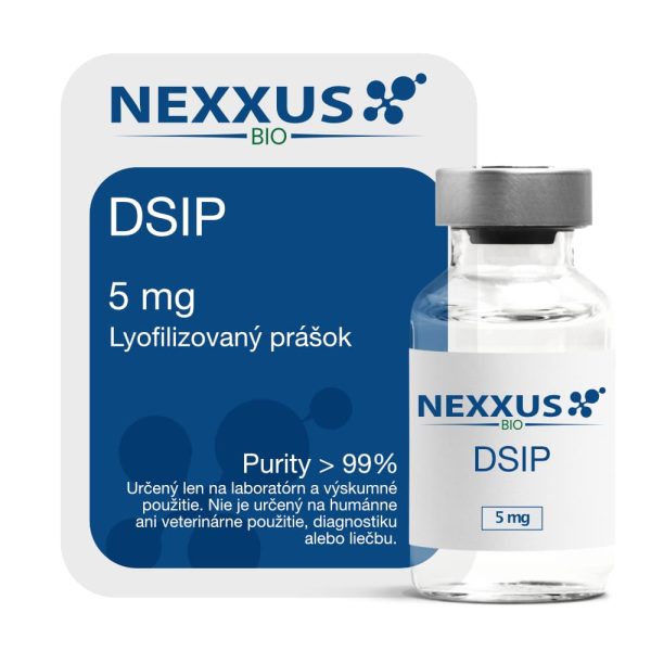 Balenie DSIP 5 mg od NEXXUS BIO zobrazuje lyofilizovaný prášok s čistotou nad 99 % a fľaštičku s označením 5 mg v modro-bielom dizajne.