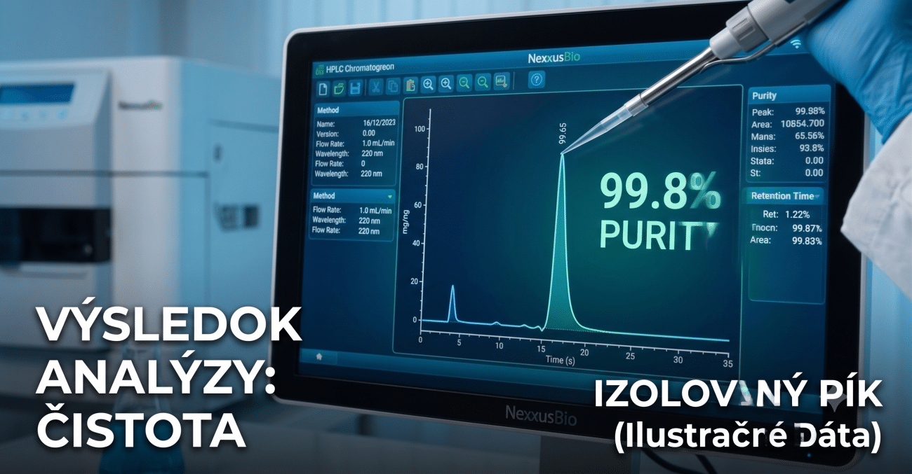 Ilustračný príklad HPLC chromatogramu. Jeden vysoký, ostro izolovaný pík potvrdzuje minimálny výskyt nečistôt a špičkovú čistotu laboratórnej šarže.