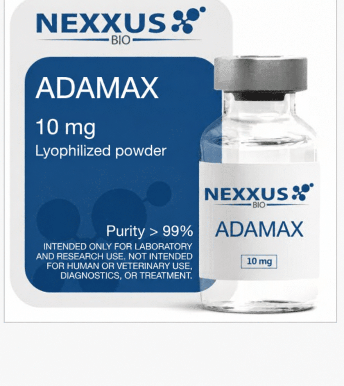 Na etikete liekovky NEXXUS BIO je názov ADAMAX, množstvo 10 mg a označenie lyofilizovaný prášok na laboratórny výskum.