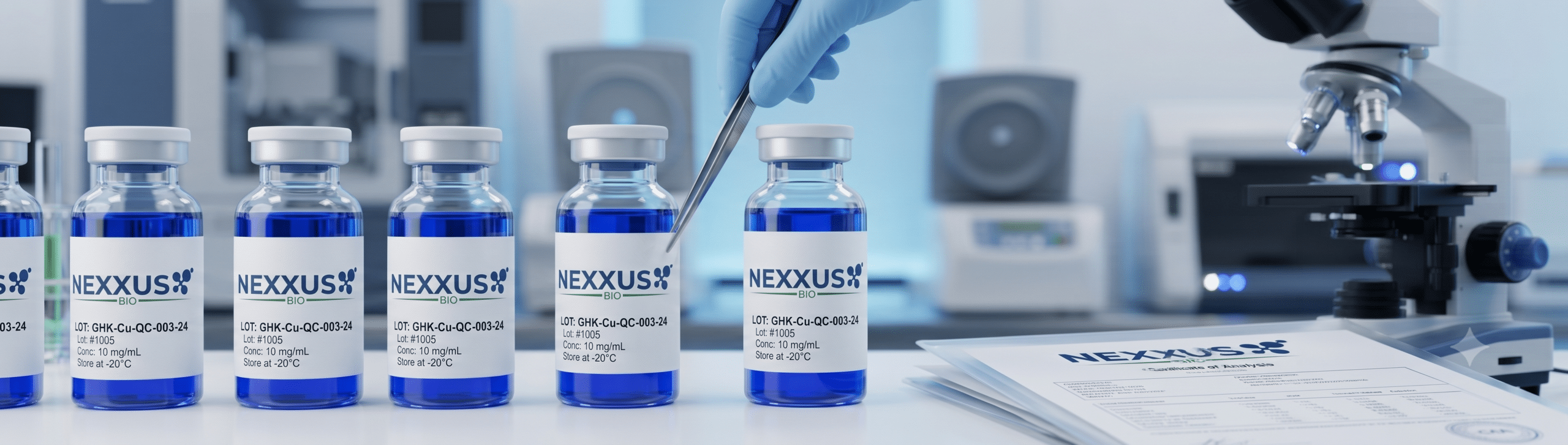 Nexxus Bio GHK-Cu peptid, laboratórny výskum a COA dokumentácia certifikovanej šarže.