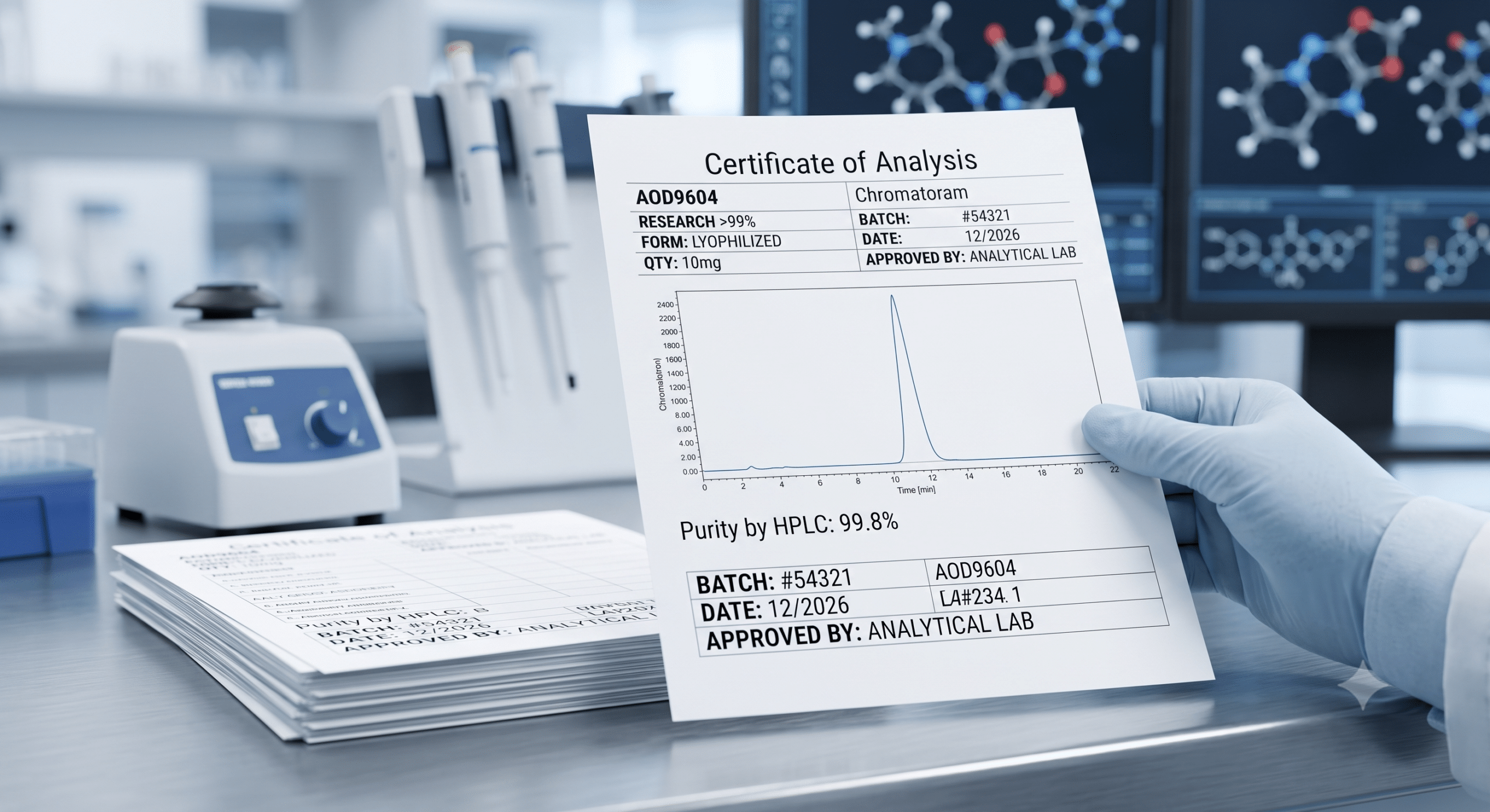 Makro záber na vytlačený Certifikát analýzy (COA) s vyznačenou HPLC čistotou a digitálnym posuvným meradlom na nerezovom stole, s liekovkou AOD9604.