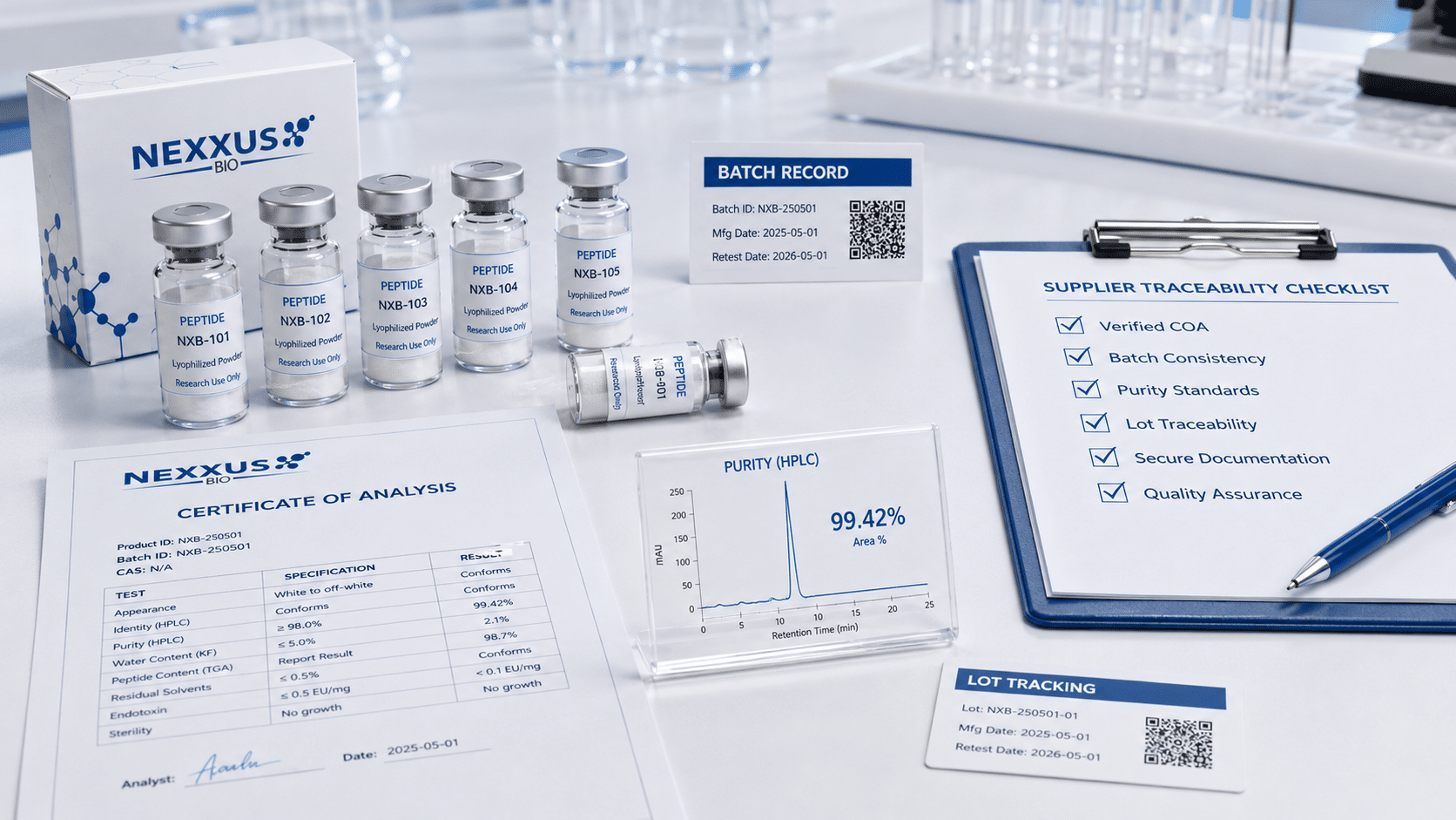 Certifikát analýzy COA, HPLC chromatogram a evidencia šarží výskumných peptidov NexxusBio