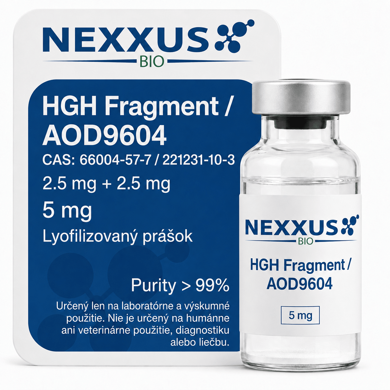 HGH Fragment : AOD9604 5 mg – 2,5 mg + 2,5 mg HGH Fragment / AOD9604 5 mg NEXXUS BIO – lyofilizovaný výskumný peptidový mix