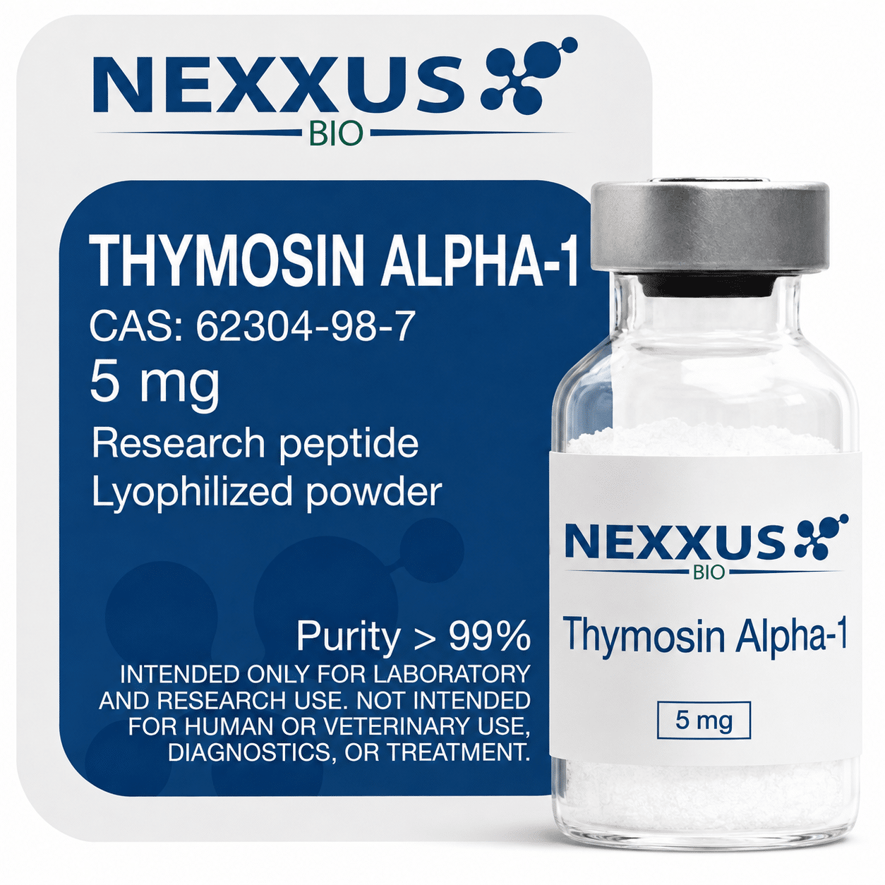Lyofilizovaný prášok Thymosin Alpha-1 5 mg, NEXXUS BIO Produkt Thymosin Alpha-1 5 mg od NEXXUS BIO s lyofilizovaným práškom, CAS 62304-98-7 a čistotou nad 99 %
