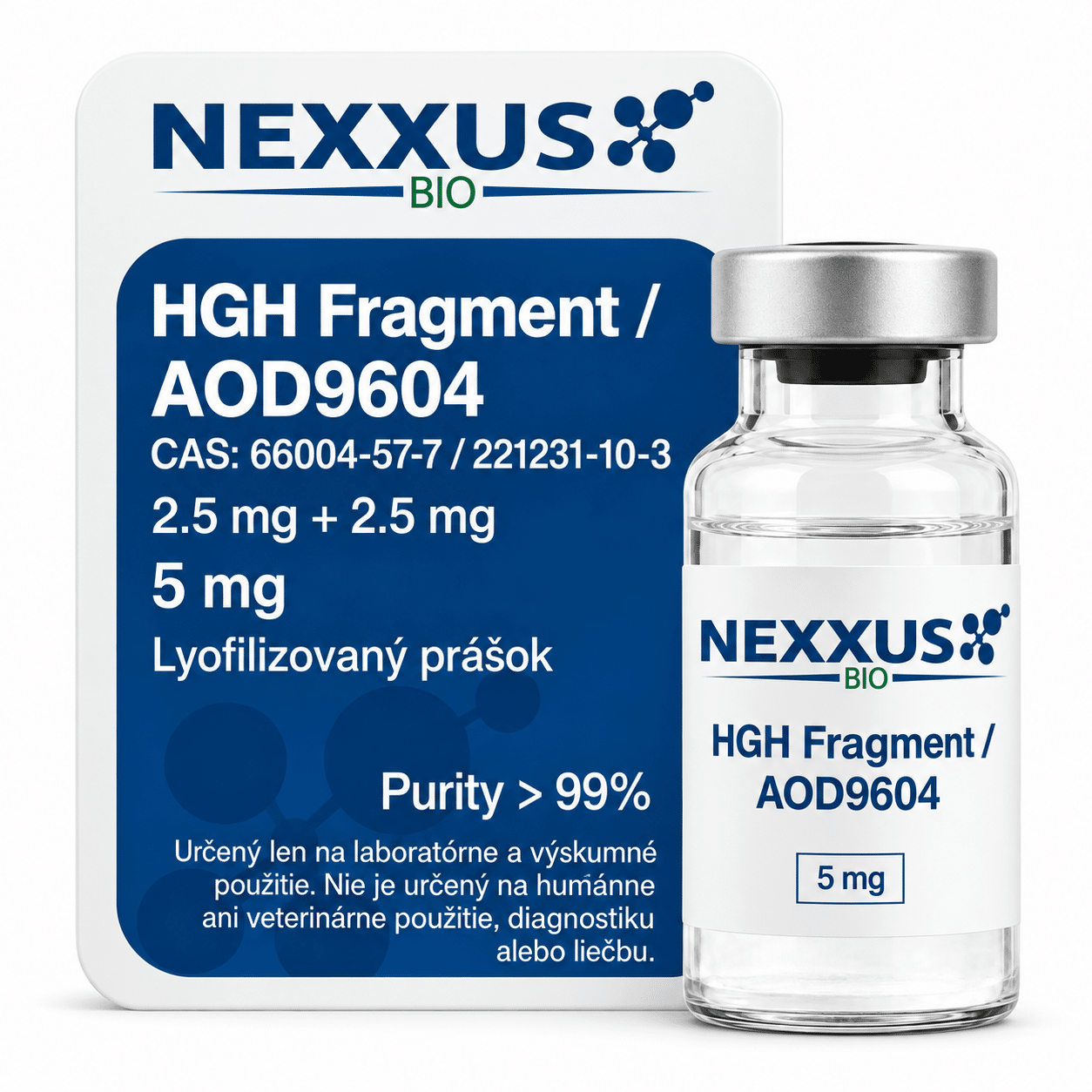 Na etikete liekovky NEXXUS BIO je HGH Fragment / AOD9604, celkový obsah 5 mg a lyofilizovaný prášok na výskumné použitie.