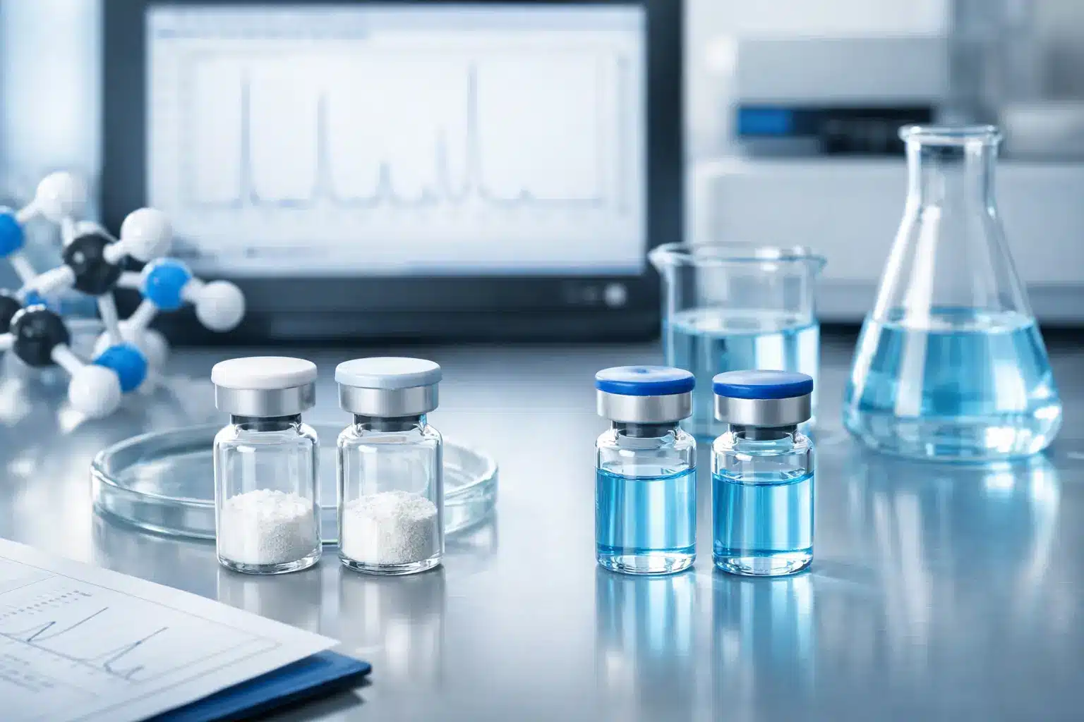 Fľaštičky s pevným lyofilizátom a modrým roztokom peptidov pri laboratórnom analytickom meraní v skúmavkách