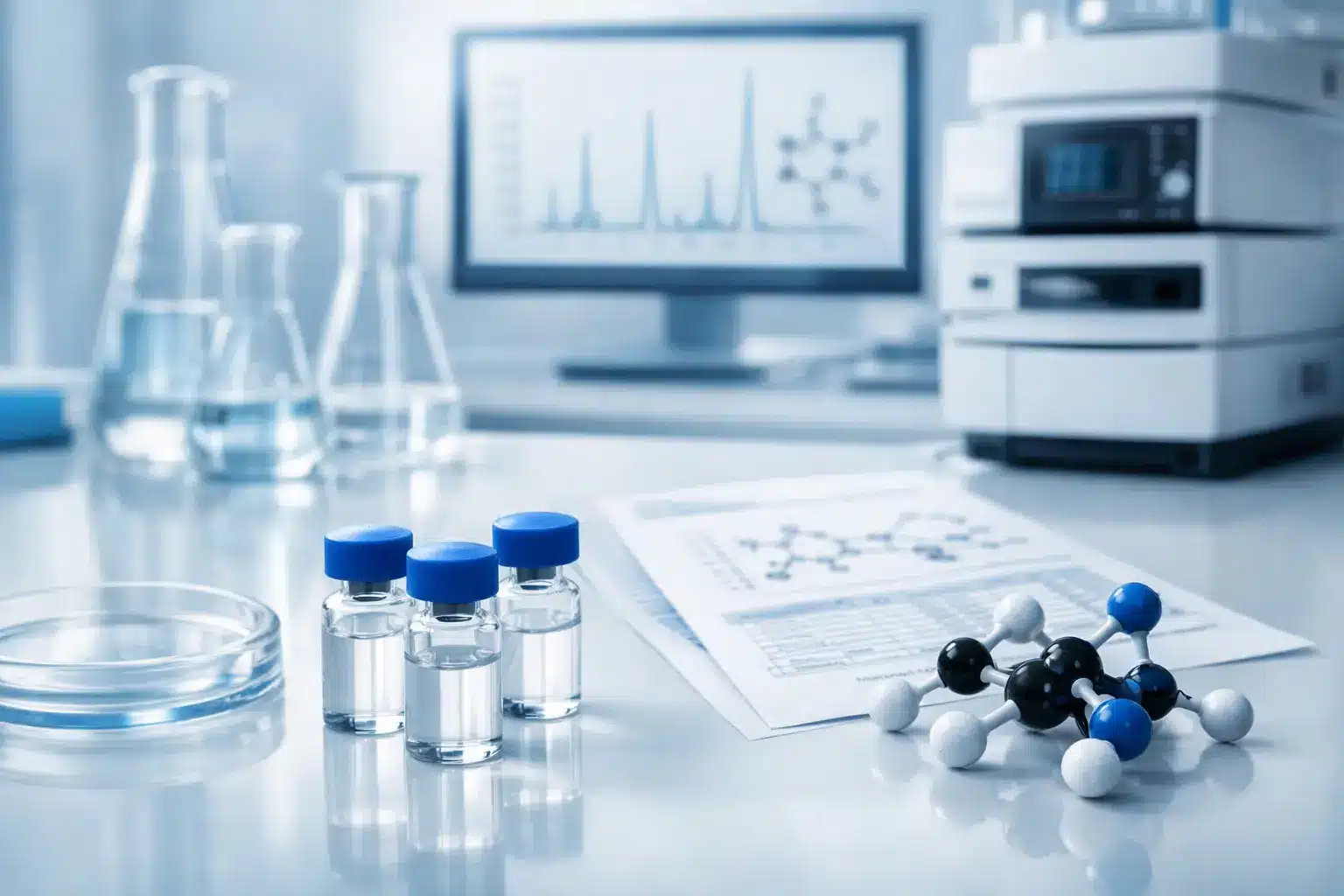 Laboratórne vialky s modrými uzávermi, molekulový model a chromatografické údaje pre analýzu peptidov