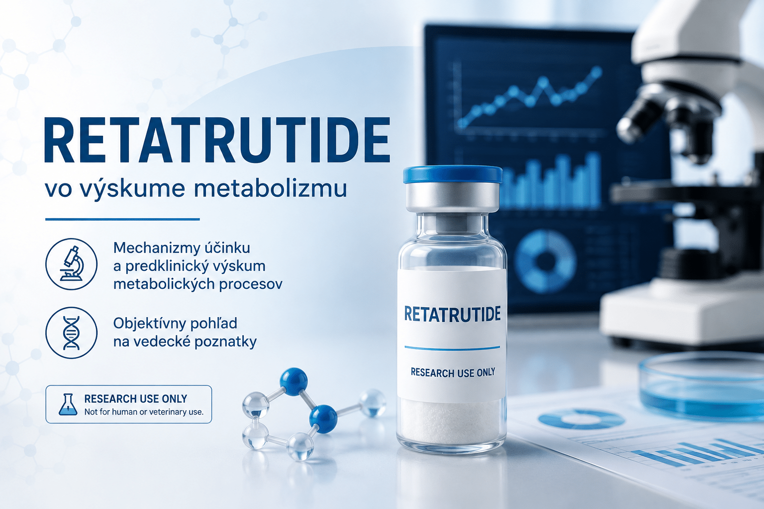 Ilustračný obrázok k článku o retatrutide vo výskume metabolizmu s laboratórnou vialkou a vedeckým prostredím.